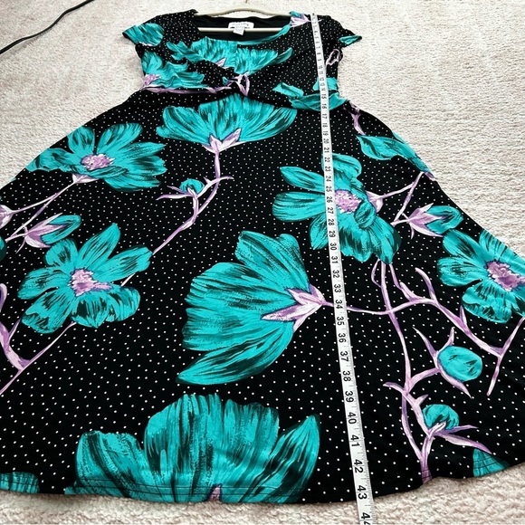 Joseph Ribkoff Black Dress Teal Floral Design Polka Dot Stretch Jersey Size 10 - Picture 8 of 12